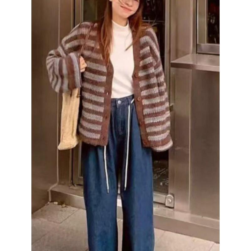 Damen Oversized V-Ausschnitt Strick Cardigan Pullover Rote Streifen Weich Gemütlich Winter Oberbekleidung Lässig Lockere Passform