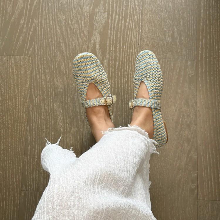 Sheepskin version~ niche new color raffia hand-woven shallow mouth Mary Jane single shoes one-word buckle sandals