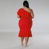 2023 Plus Size Women's European & American Fashion Slim Fit Ruffle Strapless Midi Dress