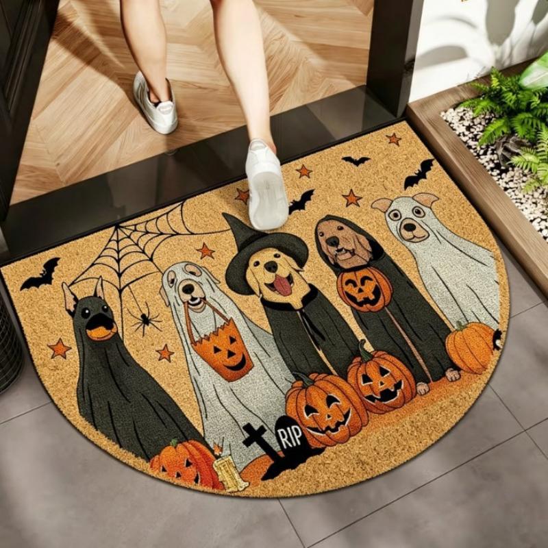Halloween Costume Dogs Semicircle Doormat Pumpkin Bat Spider Web Non Slip Floor Mat Front Door Holiday Home Decor