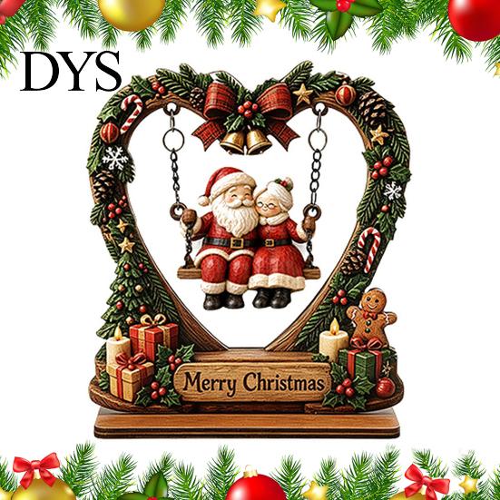 Wooden Heart Shaped Ornaments Christmas Santa Claus Ornament, Vintage 2D Flat Wreath Holiday Home Accents Desktop Plaque, Decoration for Shelf, Table,