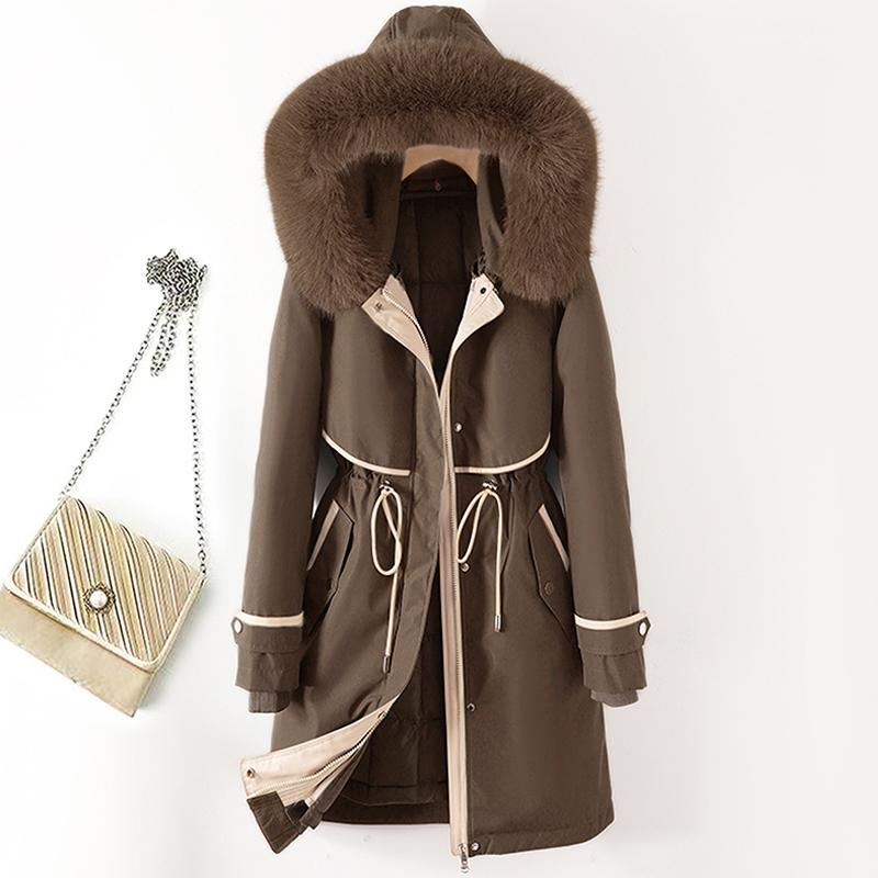 Giacche lunghe con collo in pelliccia sintetica per donna, nuova fodera invernale, cappotto imbottito femminile staccabile, parka invernale stile coreano con cappuccio