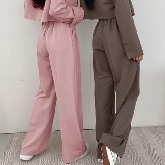 Women Pants High Waist Button Zipper Closure Casual Wide Leg Solid Color Trousers