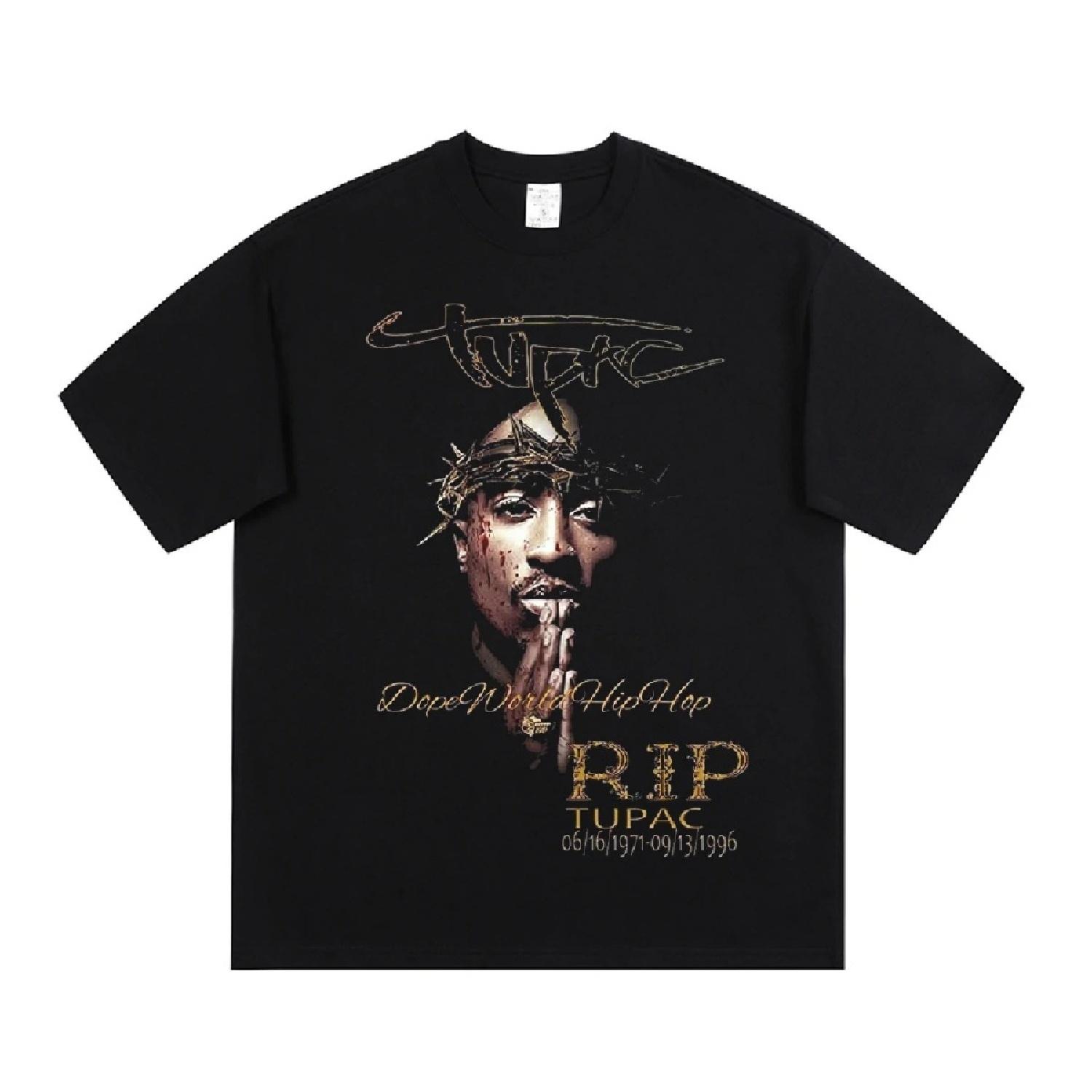 

Модна футболка з принтом репера 2pac, високоякісна, з короткими рукавами, оверсайз, хіп-хоп, вуличний стиль, чоловіча бавовняна футболка XXL чорний