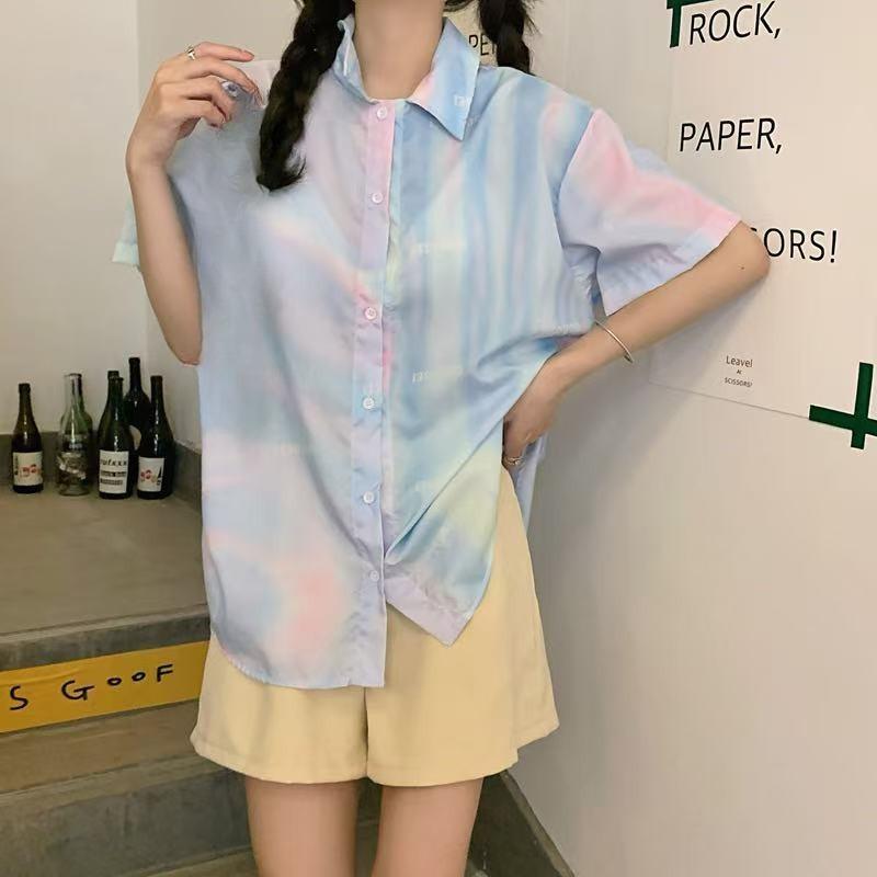 

Женские цветные рубашки с лацканами, летние с коротким рукавом, женская однобортная рубашка, женская одежда свободного уличного стиля XXL синий