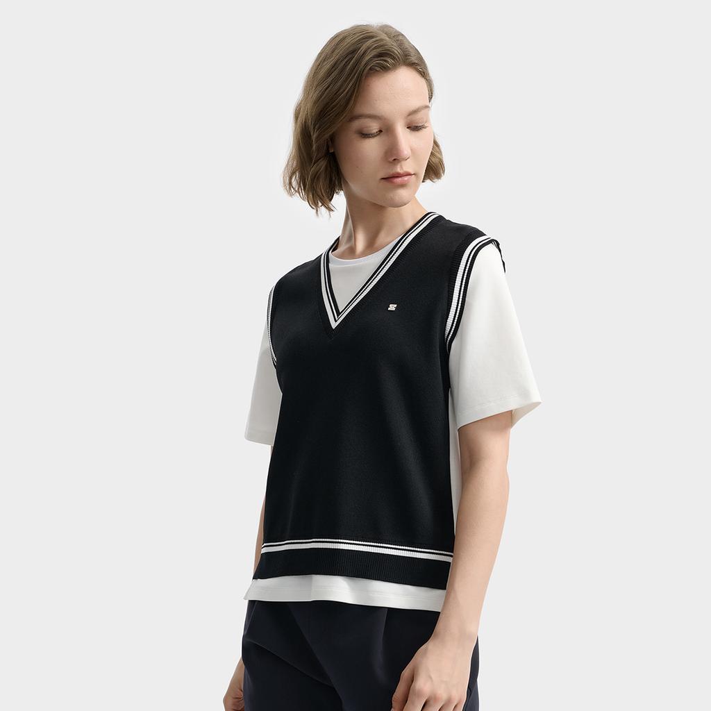 Fila White Fashion Retro Simple Casual Daily Comfortable Trendy Fake Two-Piece Knitted Short Sleeve T-Shirt Women Tops F11W533102FBK