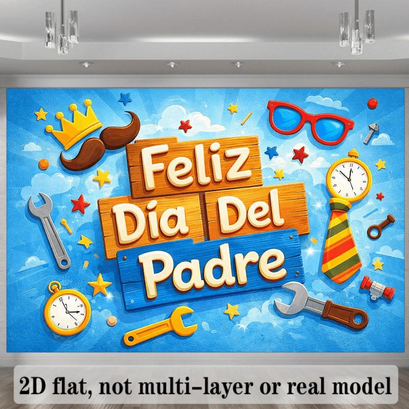 2D Flat Tie Theme Background with Yellow "Feliz D Í a Del Padre" Artistic Font In the Center and Blue Radiation Background