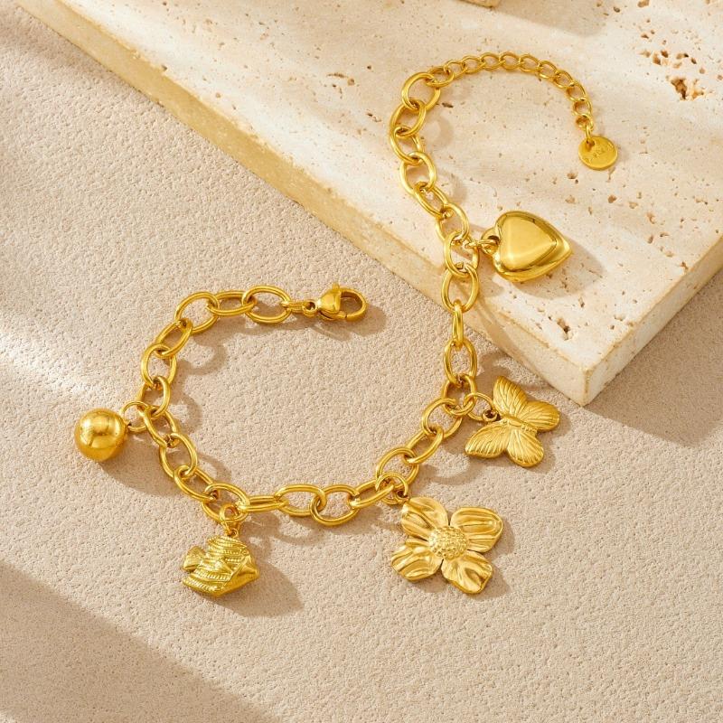 Gold Multi Charm Paperclip Chain Bracelet with Heart Butterfly and Flower