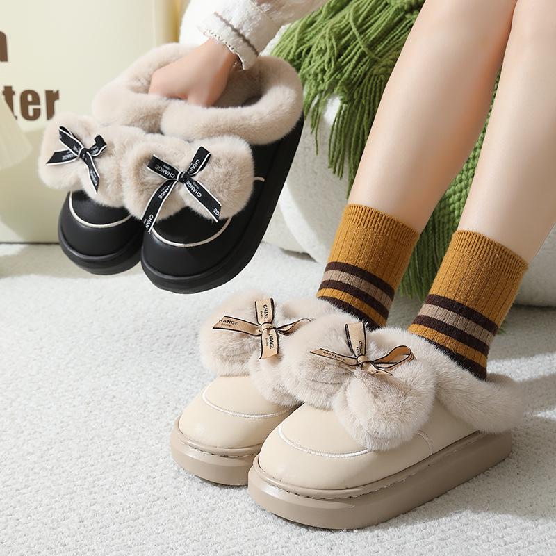 Waterproof Leather Bow Fur Women's Slippers - Thick, Cute, Relaxing Cotton Indoor/Outdoor Shoes
