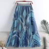 MOJTA Summer Women's Big Swing Skirt Mesh Printing Elastic Mid-length High Waist A-line Skirt