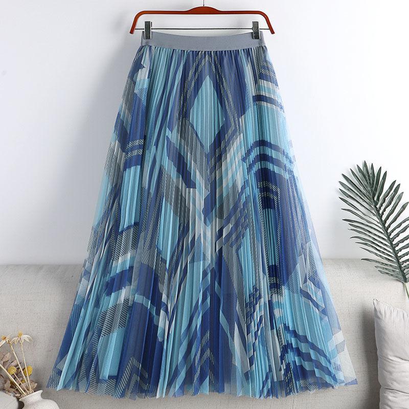 MOJTA Summer Women's Big Swing Skirt Mesh Printing Elastic Mid-length High Waist A-line Skirt