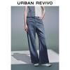 UR Women's Patchwork Plaid Ruffle Wide-Leg Denim Pants
