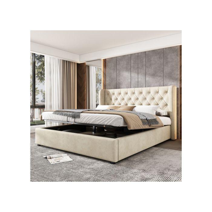 Lit double - MUVOE - 140x190 cm - Beige - Lit hydraulique avec rangement - Design contemporain