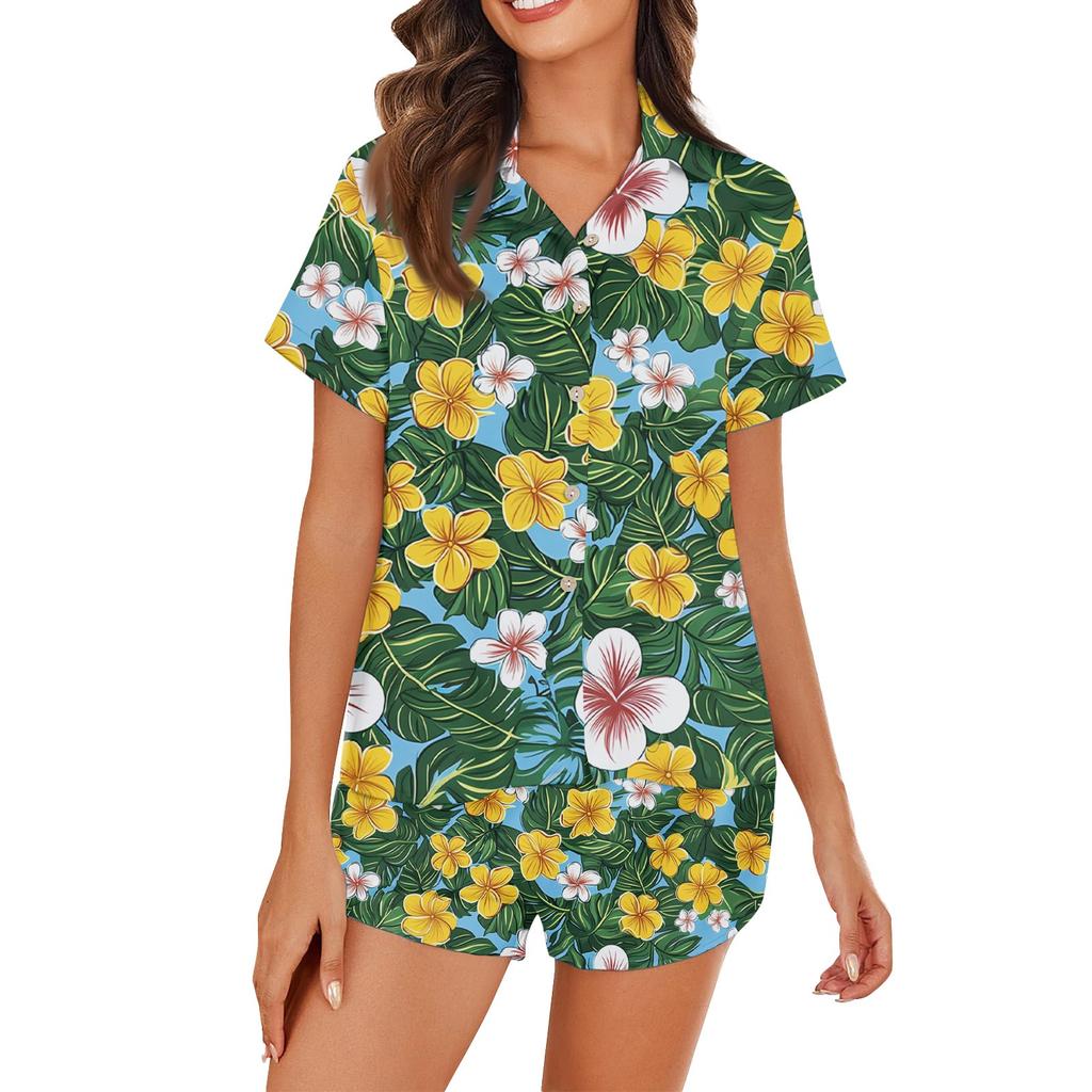 Women's Ice Silk Pajamas Button Homewear Hawaiian Print Short Sleeve Satin Pajama Set