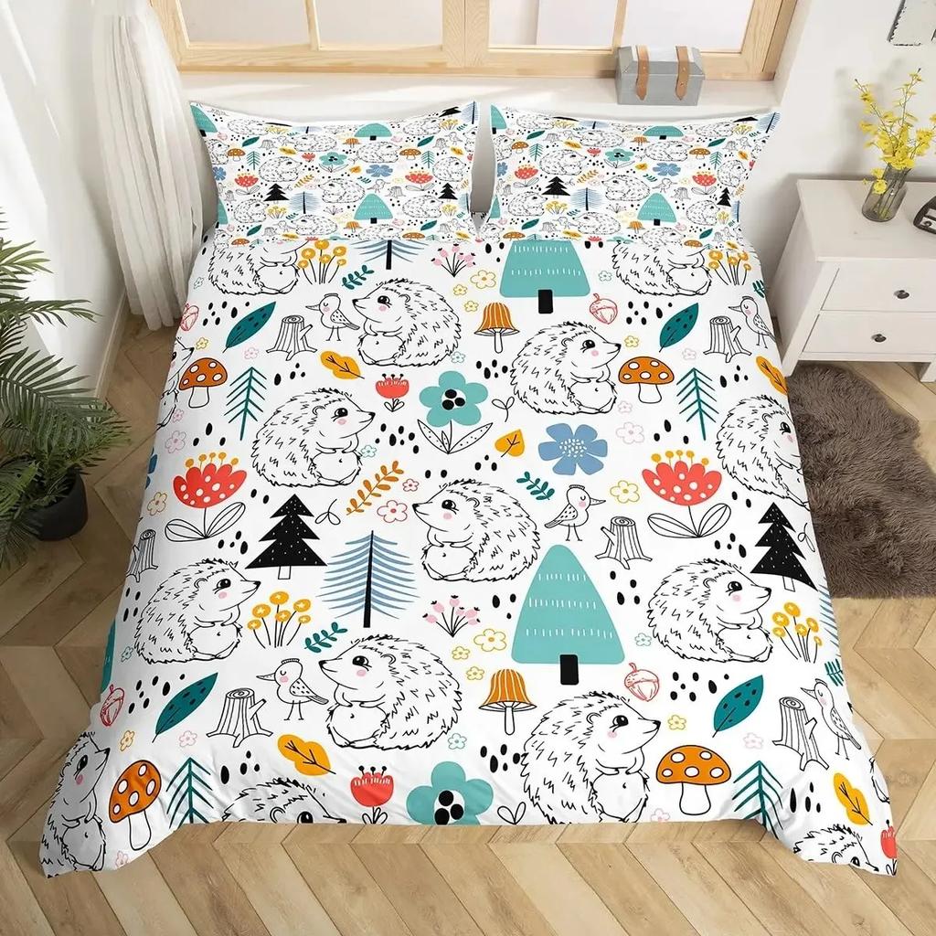 Cartoon Igel Bettbezug Queen Aquarell Batik Boho Bettwäsche-Set, Wildtiere Blumen Bettdeckenbezug Floraler Quiltbezug