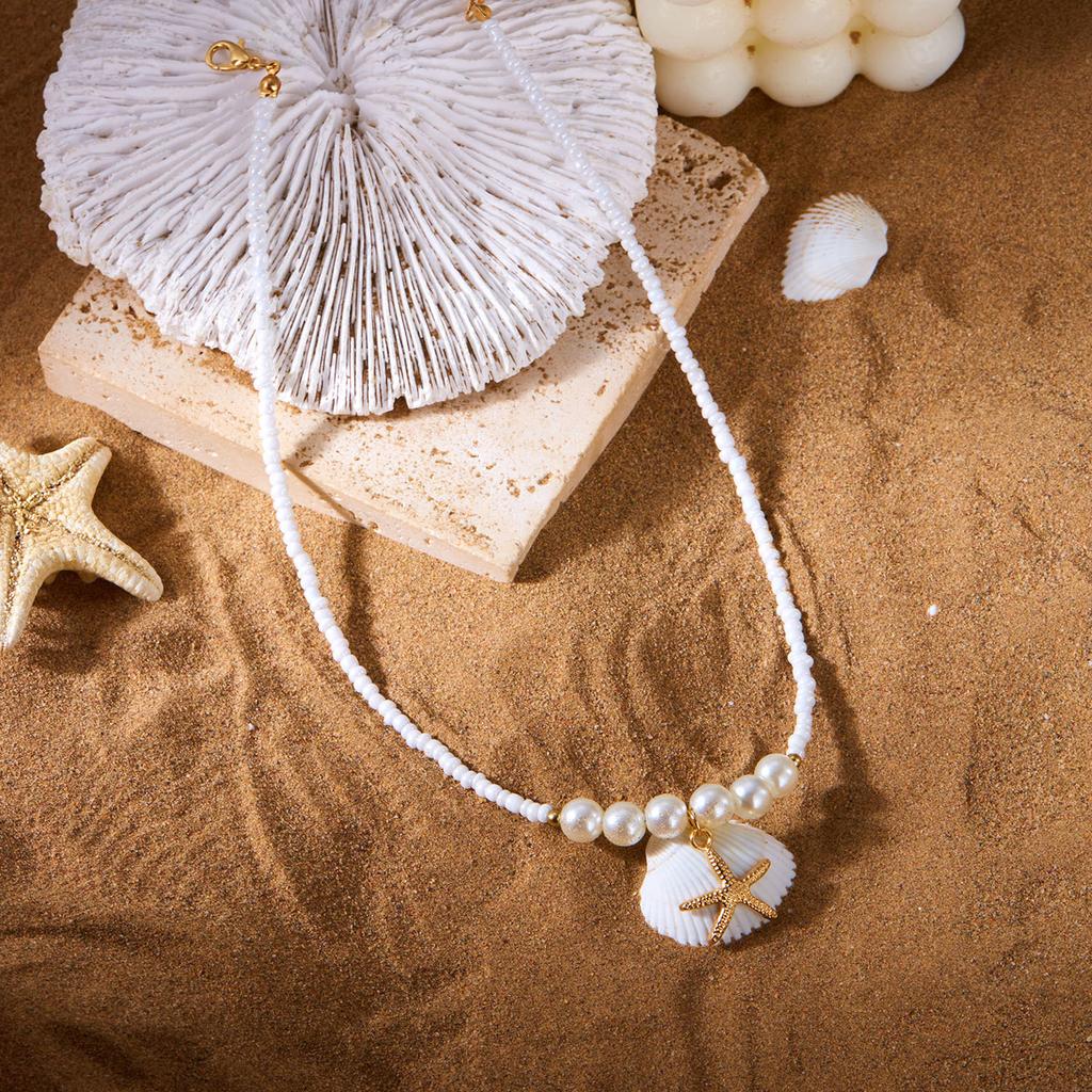 Bohemian Starfish Pendant Pearls Bead Necklace Adjustable Length Portable Jewelry for Beach Vacation and Parties