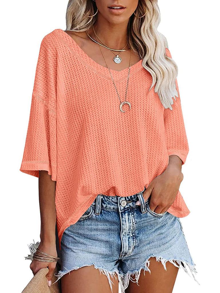 2024 Damen Sommer V-Ausschnitt Fledermausärmel Waffelstrick Kurzarm Locker T-Shirt Top