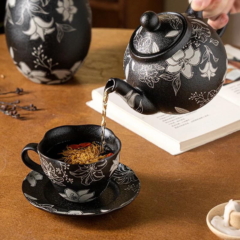 High End Creative Black Ceramic Coffee Cups Home Exquisite Flowers Irregular Coffee Cup Unique Afternoon Tea Pot Holiday Gifts