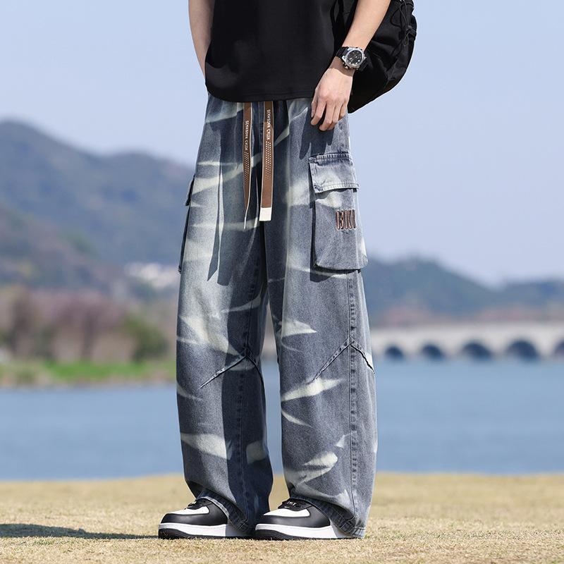 Vår Høst Herre Jeans Streetwear Rett Denim Bukser Hip Hop Snøring Bukser Mann Store Lommer Klær