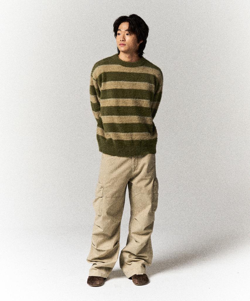 SLOWACID Hairy Stripe Pullover Knit [Khaki]
