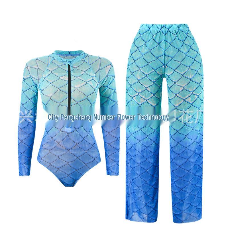 Fish Scale Zipper Mesh Long Sleeve One-Piece Swimsuit Set