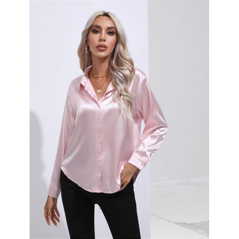 

Shirt Womens Satin Imitation Silk Long Sleeved Shirt Pink M
