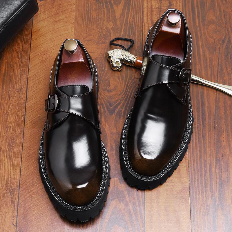 Men's British-Style Patent Leather Monk Shoes, Business Formal with Thick Sole for Height Increase, Ideal for Suits, Weddings, and Formal Occasions.