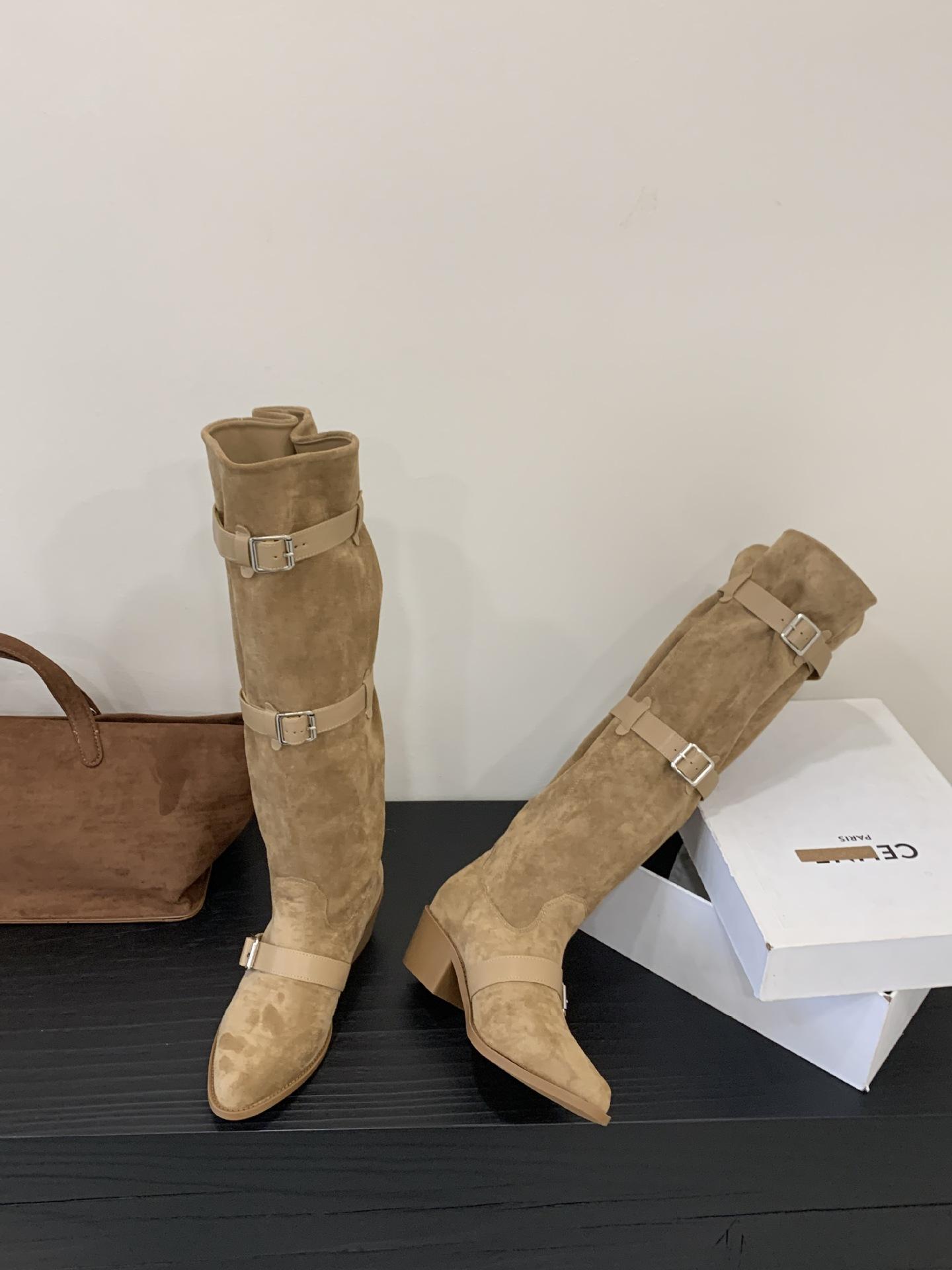 

2025 new niche design sense western style fold lazy wide leg stack boots long women s boots thick heel fashion 39 темные хаки