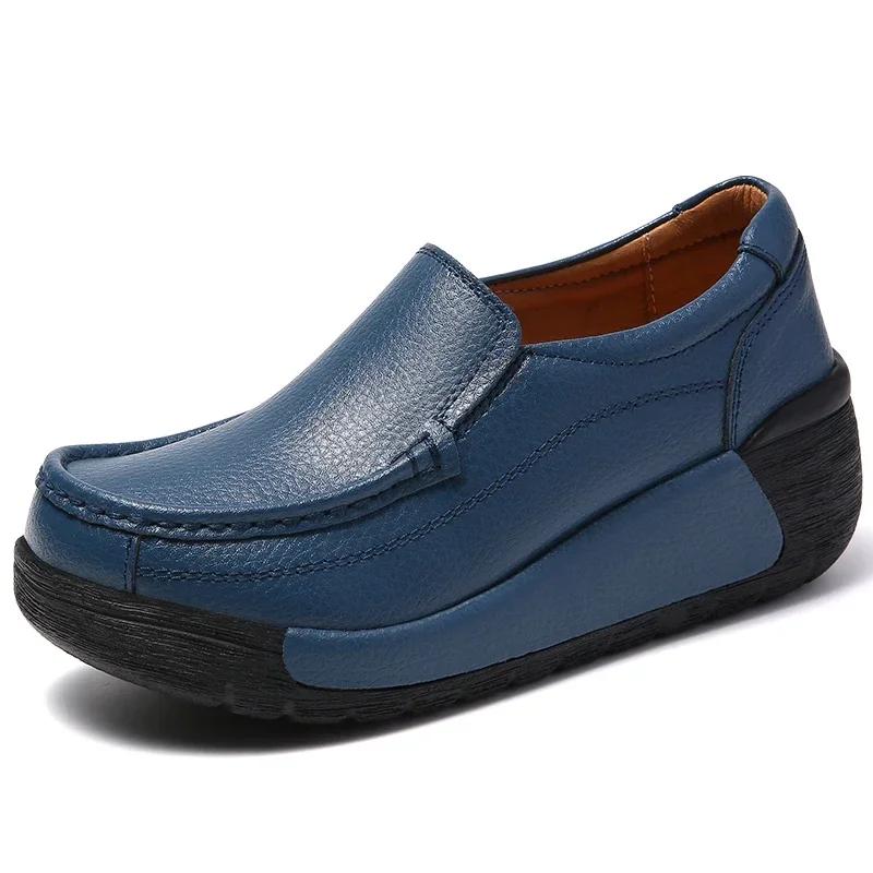 Spring Genuine Leather Casual Shoes Women Lightweight Thick Bottom Wedges Shoes Ladies Non-Slip Height-Increasing Flatform Shoes