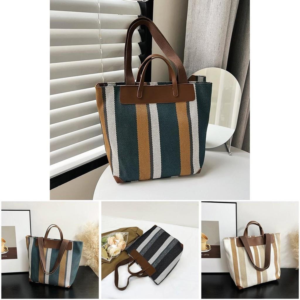 Large Stylish Color Block Striped Canvas Tote Bag For Women In Blue Black Or Khaki