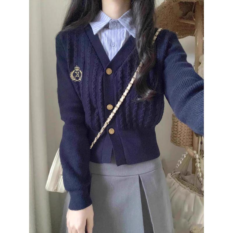 

Polo Shirt Collar Knitting Sweater Spring and Autumn Fake Two-Piece Navy blue S [Recommendation 70/45.00kg]]