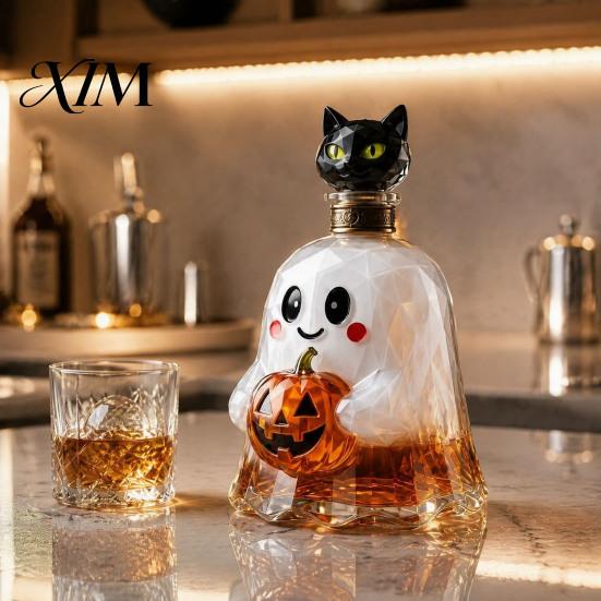 Creative Brandy Carafe Halloween Ghost Whiskey Decanter, Pumpkin And Cat Stopper Decor, High Shape Decanter Borosilicate Glass Wine Drinkware for Home