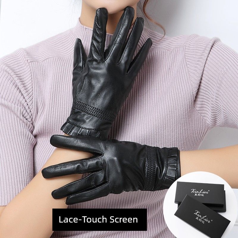 Real Leather Gloves Women's Sheepskin Gloves Leather Gloves Cycling Winter Warm Fleece-Lined Cycling Electric Car Touch Screen Leather Gloves Thin