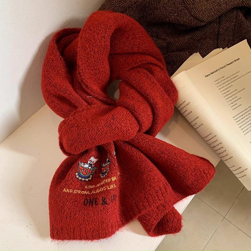 Süßer Bär Bestickter Wollschal für Damen Winter Hochwertig Japanisch All-Match Warm Gestrickter Wollschal für Studenten
