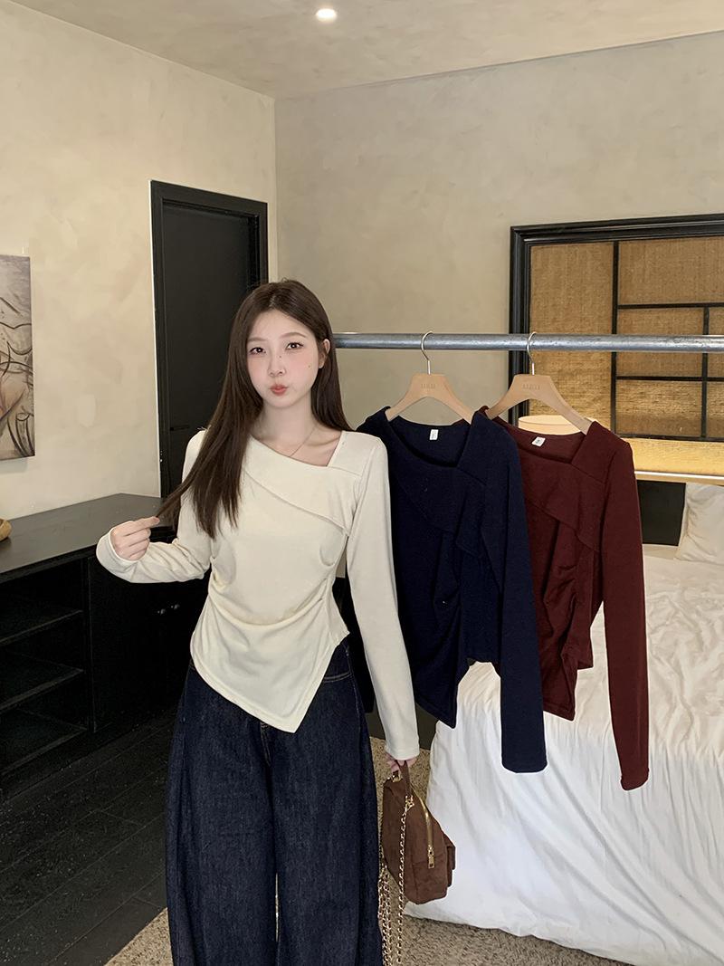2026 Spring Plus Size Women s Asymmetrical Neck Slimming Long Sleeve T-shirt XL