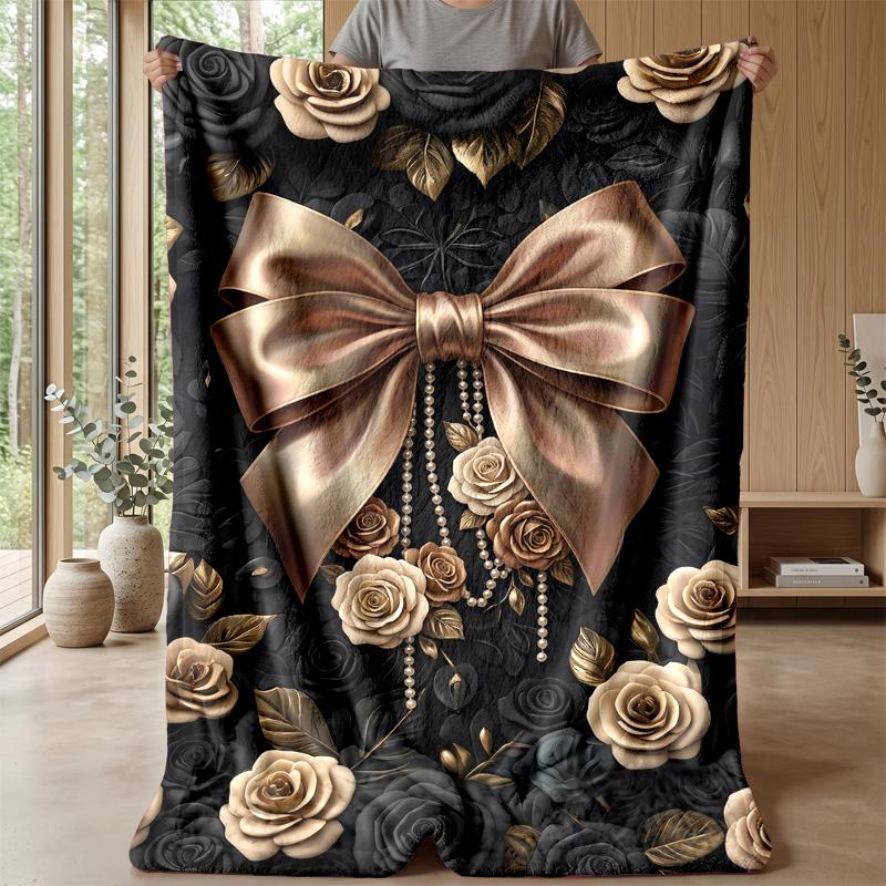 Gold Glitter Leopard Roses Theme Blanket Lightweight Warm Flannel Blanket Decorative Throw Blanket for Home Decoration