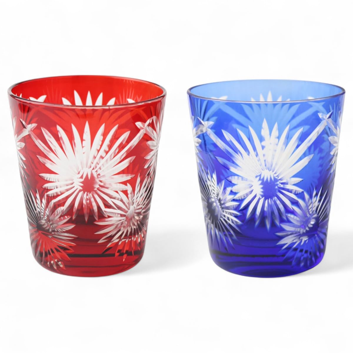 

Mizukage Kiriko Pair of Glass Flower Red Current Model J-kitchens Cups, 80xH90mm, 280cc, Pattern, & Blue, Bisho,