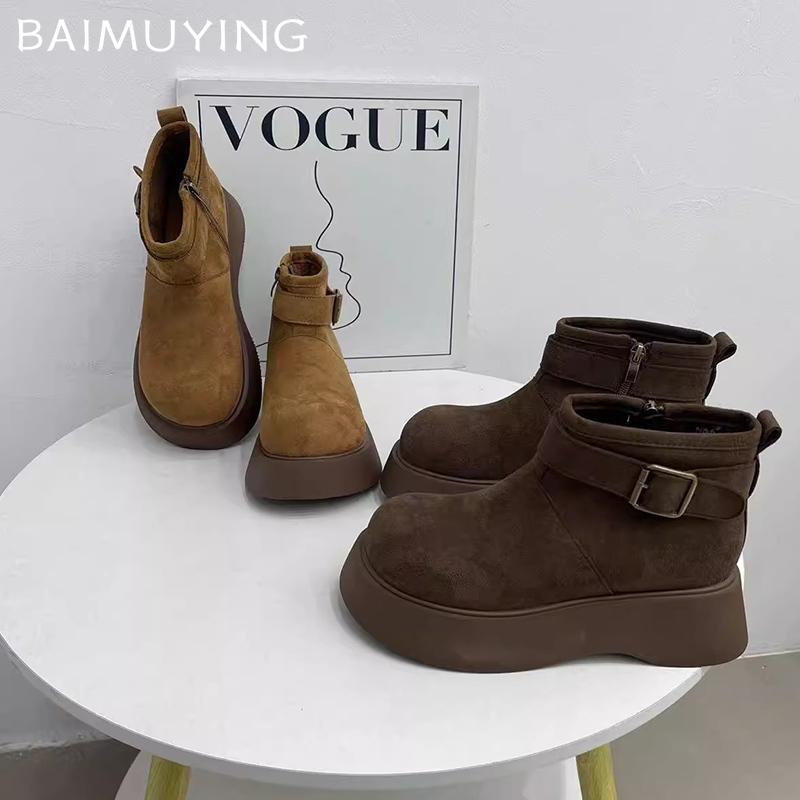 Platform Women Snow Ankle Boots Suede Short Plush Mid Heels Cotton Shoes 2025 Trend Warm Cozy Buckle Winter Designer Botas Mujer