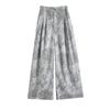 Sommer Damen Vintage Print Leinen Dünn Hohe Taille Weites Bein Hose Hose Mit Tasche