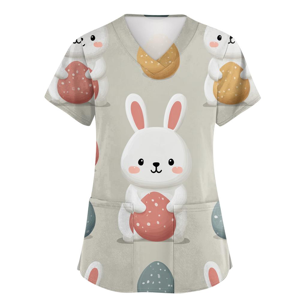 Women's Fashion V-Neck Short-Sleeved Workwear With Pockets Easter Print Top Caregiver Uniform