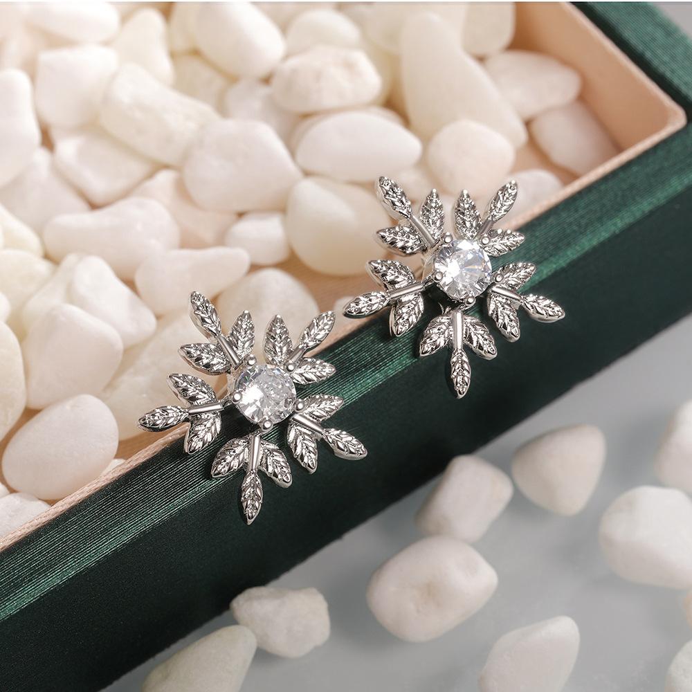 Silver Plated Leaf Snowflake CZ Stud Earrings, Sparkling Nature-Inspired Crystal Studs for Women