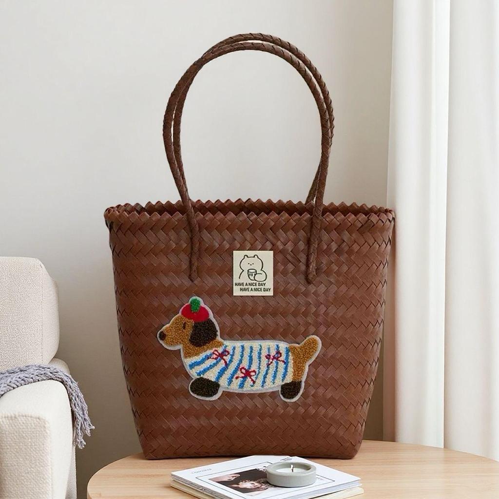 Dackel Welpe Gewebte Handtasche mit Bambusgriff Vintage Strandtasche