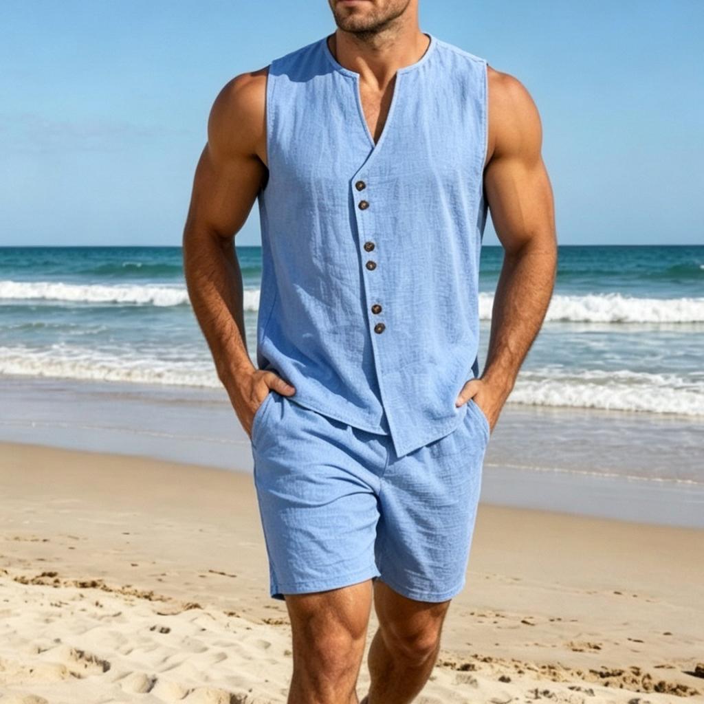 Men Solid Color Simple Casual Short Sleeve Shirt And Shorts Summer Beach Suit