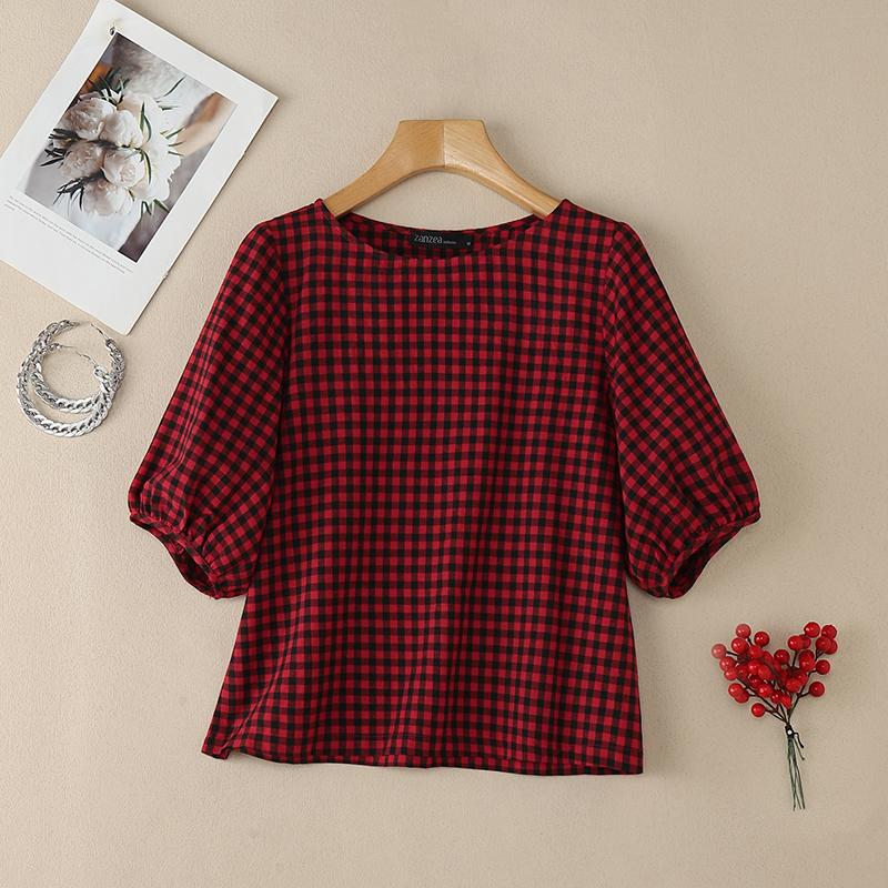 ZANZEA Women Casual Round Neck Plaid Print Loose Short Sleeve Blouse