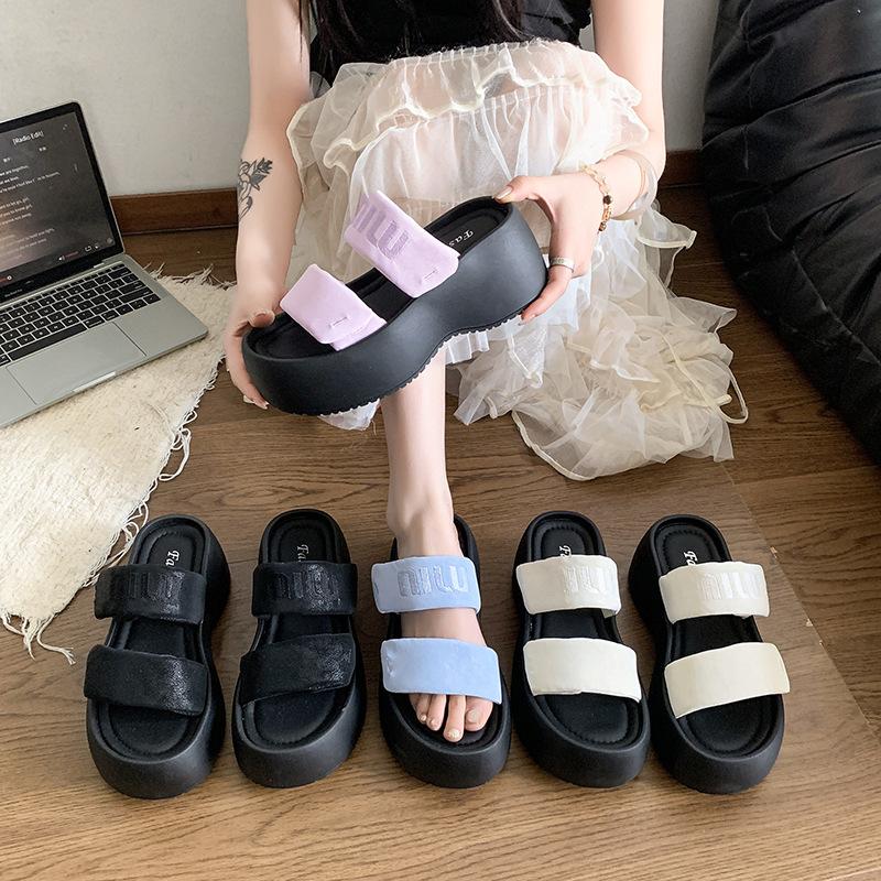 

Thick-bottomed heightening cool slippers for women s summer wear new Velcro fashionable versatile casual open-toed slippers 35 чёрный