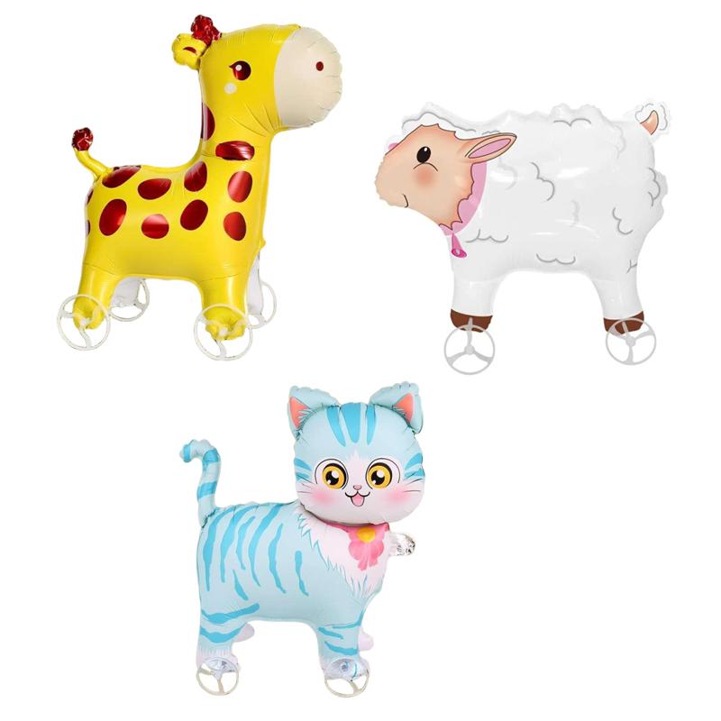 1Pc Cartoon Foil Balloon Animal Stand Walking Balloon With Wheel For Kid Birthday Party Decor Ballons Baby Shower Accessories