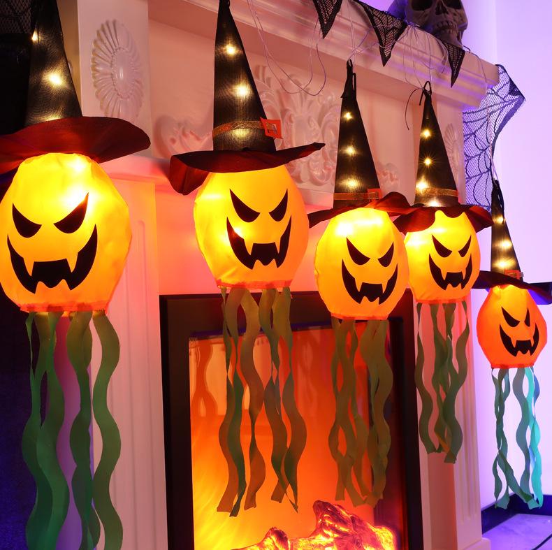 Halloween LED Pumpkin Lantern & Witch Hat Chandelier with Ghost Hanging Lights - Horror Atmosphere Colored String Lights