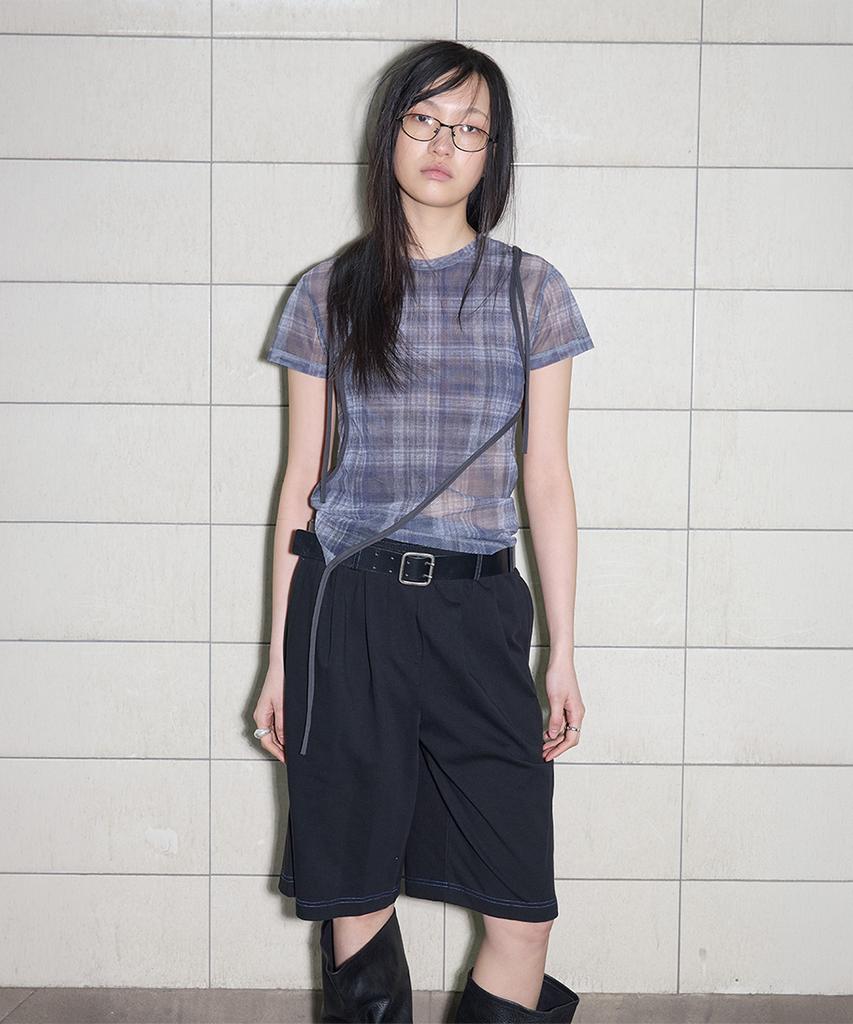 Yusentig Check See-Through Asymmetrical Short Sleeve T-Shirt Aw5Me43212