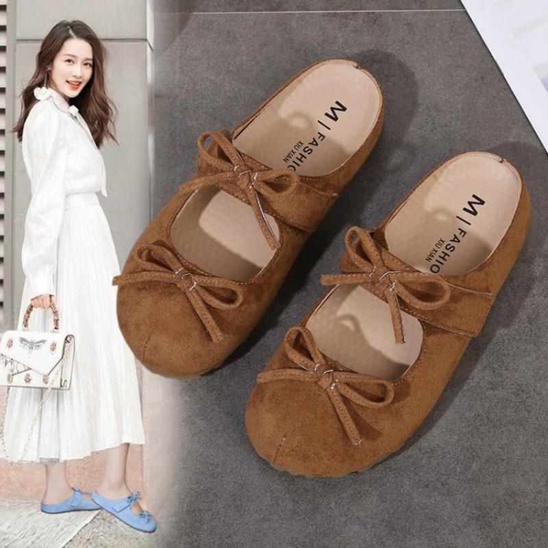 College style one pedal double bow half slippers new round head single shoes student suede flat slippers women