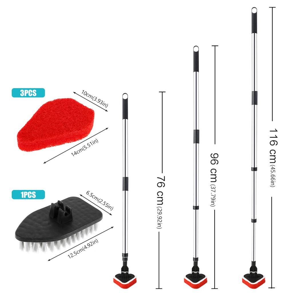 3 In 1 Long Handle Tile Scrubber Cleaning Brush Triangle Sponge Glass Wiper 180° Rotatable Retractable Bathroom Floor Cleaning
